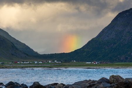 Beautiful rainbow over the Lofoten Islands, Norwayの写真素材