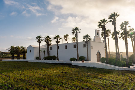 White church of Ye, village at the foot of Monte Corona volcano in Lanzarote, Canary Islands, Spainの写真素材