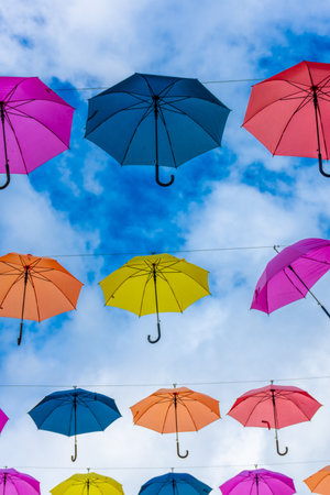 Colorful umbrellas in the city center of Trondheim, Norwayの写真素材