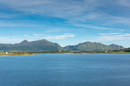 Beautiful landscape of the Lofoten Islands during the golden hour, view from Offersoy Mount trail, Norwayの写真素材