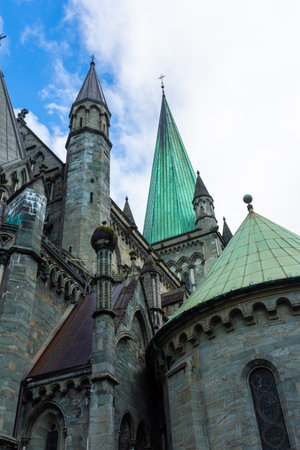 View of the gothic Nidaros Cathedral of Trondheim, Norwayの写真素材