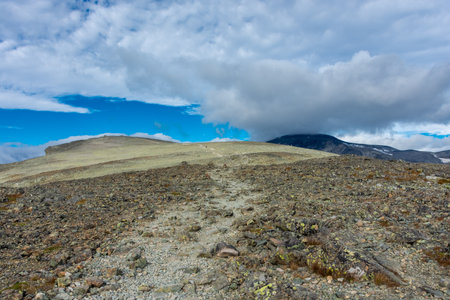 The hiking trail over the Besseggen Ridge in Jotunheimen National Parkの写真素材