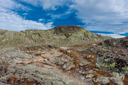 The hiking trail over the Besseggen Ridge in Jotunheimen National Parkの写真素材