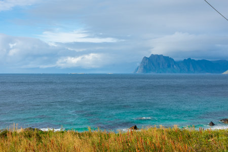 View of the Ocean from Myrland Beach, Lofoten, Norwayの写真素材