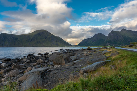 Beautiful rainbow over the Lofoten Islands, Norwayの写真素材