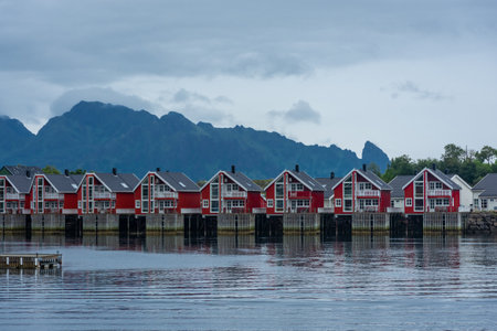 Typical red houses in the port of Svolvaer, Lofoten Islands, Norwayの写真素材
