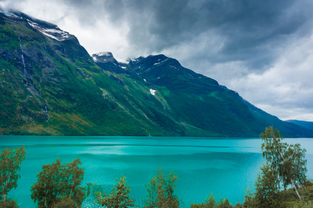 Landscape of the Lovatnet glacial lake with turquoise crystal clear water, Norwayの写真素材