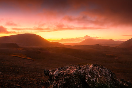Spectacular sunset over the Fagradalsfjall, active volcano in Icelandの写真素材