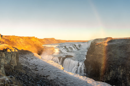 Wonderful winter view of popular tourist destination - Gullfoss waterfall. Spectacular sunset on...