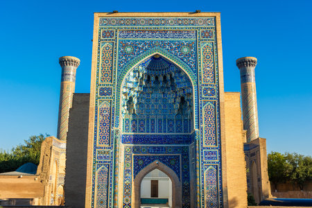 Gate of Amir Temur Gur and Amir Mosque in Samarkand, Uzbekistan. Translation: in the name of Allah Almighty who createsの写真素材