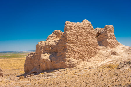 Beautiful landscape of the Ayaz Kala Fortress in the Kyzylkum Desert, Uzbekistanの写真素材