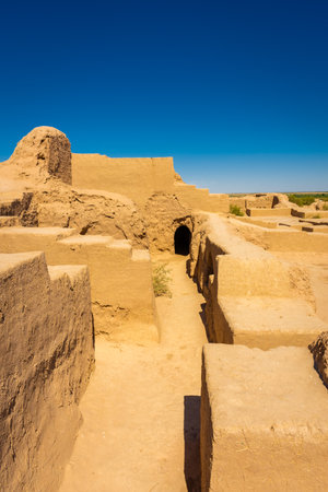 Maze of the ancient ruins of Toprak Qala Fortress in Khorezm desert, Uzbekistanの写真素材