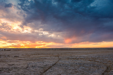 Sunset over the Aral Sea desert, Uzbekistanの写真素材