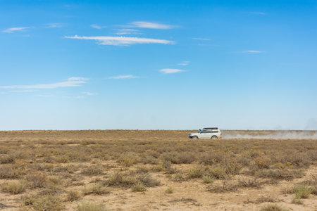 Jeep running in the Aral Sea desert, Uzbekistanの写真素材