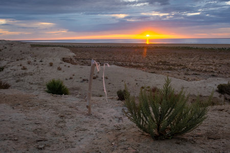 Sunset over the Aral Sea desert, Uzbekistanの写真素材