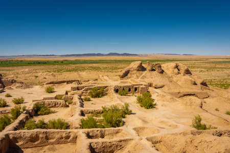 Maze of the ancient ruins of Toprak Qala Fortress in Khorezm desert, Uzbekistanの写真素材