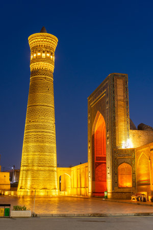 The Kalyan Minaret of Bukhara at night, Uzbekistanの写真素材