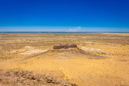 Beautiful landscape of the Ayaz Kala Fortress in the Kyzylkum Desert, Uzbekistanの写真素材