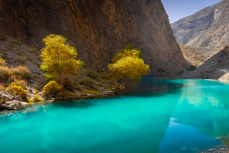 Turquoise water of the Seven Lakes in the Fann Mountains, Tajikistanの写真素材