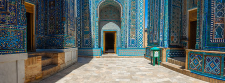 View of the Shah-i-Zinda Ensemble in Samarkand, Uzbekistan. Mausoleums decorated by blue tiles with designs. The necropolis is a popular tourist attraction of Central Asia.の写真素材