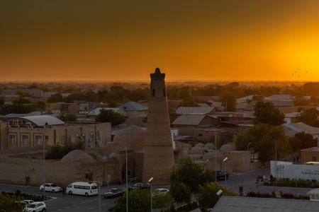 Beautiful sunset over the Itchan Kala of Khiva ancient historic center, Uzbekistanの写真素材