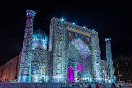 Blue light over the Registan Madrasa, Samarkand, Uzbekistan, 10 August 2023の写真素材