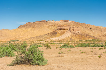 Beautiful landscape of the Ayaz Kala Fortress in the Kyzylkum Desert, Uzbekistanの写真素材