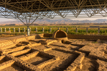 Archeological UNESCO site of Ancient Sarazm at sunset, 4th millennium BCE civilization in Tajikistanの写真素材