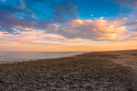 Horizon of the Aral Lake at sunset, Uzbekistanの写真素材