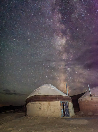 Amazing milky way and starry night over a yurt camp in the Aral Lake desert, Uzbekistanの写真素材
