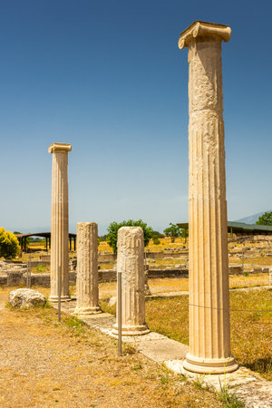 Ancient greek columns in Pella, archaeological site in Macedonia, birthplace of Alexander the Great, Greeceの写真素材