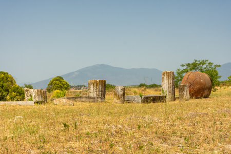 Ancient greek columns in Pella, archaeological site in Macedonia, birthplace of Alexander the Great, Greeceの写真素材
