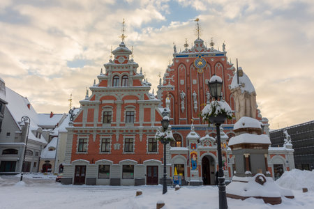 Riga, Latvia, 2 December 2023: Snowy streets of Riga historic center in winterの写真素材