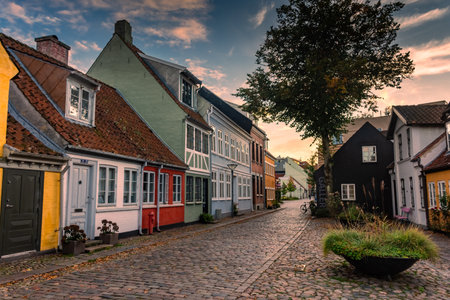 Old village at sunset in Odense, Denmarkの写真素材