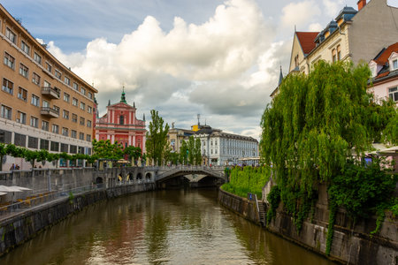 Ljubljana, Slovenia, 13 June 2024: street of the historic center of Ljubljanaの写真素材