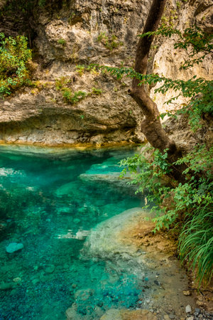 Crystal clear waters of natural springs and lake in the woods of the Mount Olympus, Greeceの写真素材
