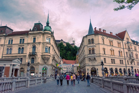 Ljubljana, Slovenia, 13 June 2024: street of the historic center of Ljubljanaの写真素材
