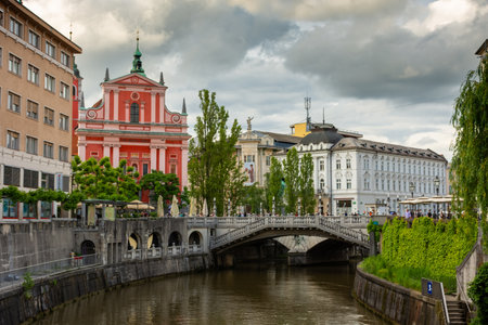 Ljubljana, Slovenia, 13 June 2024: street of the historic center of Ljubljanaの写真素材