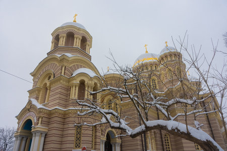 Nativity of Christ Cathedral under the snow in winter, Riga, Latviaの写真素材