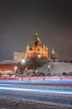 Uspenski Cathedral under the snow at night, Helsinki, Finlandの写真素材