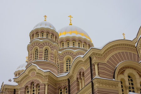 Nativity of Christ Cathedral under the snow in winter, Riga, Latviaの写真素材
