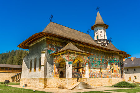 Amazing colorful painted monastery of Sucevita, Bucovina, Romaniaの写真素材