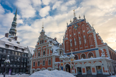 Riga, Latvia, 2 December 2023: Snowy streets of Riga historic center in winterの写真素材