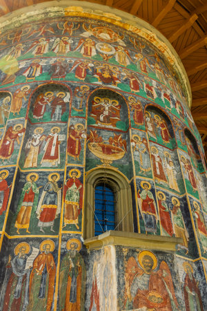 Amazing colorful painted monastery of Sucevita, Bucovina, Romaniaの写真素材