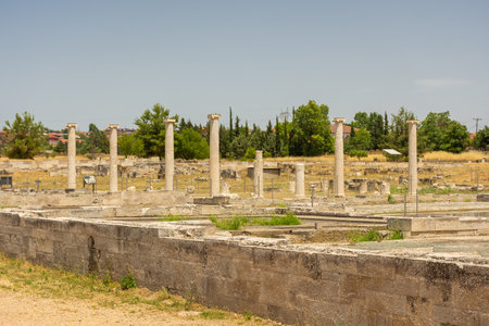 Ancient greek columns in Pella, archaeological site in Macedonia, birthplace of Alexander the Great, Greeceの写真素材