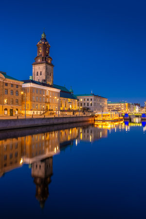 Gothenburg, Sweden, 5 March 2024: Canal in the city center illuminated at nightの写真素材