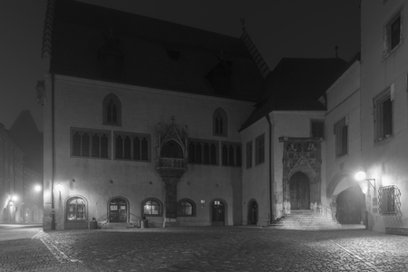 Night shot of the old city hall in Regensburg with fogの写真素材
