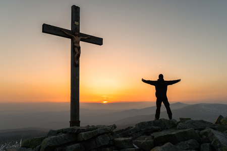 Sunset on the mountain lusen in the bavarian forestの写真素材