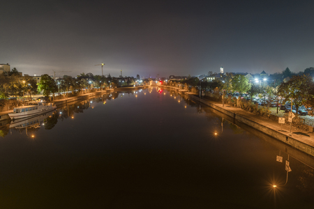 Regensburg, splurge weiher bridge, bridge, splurge weiher, canal, water, river, watergate, night, at night, night shot, fog, foggy, world cultural heritage, lights, light, illuminated, mood, view, landmark, point of interest, dark, scary, mysterious, adveの写真素材