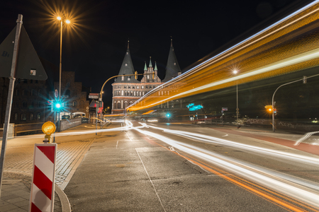 Holstentor in Luebeck at nightのeditorial素材